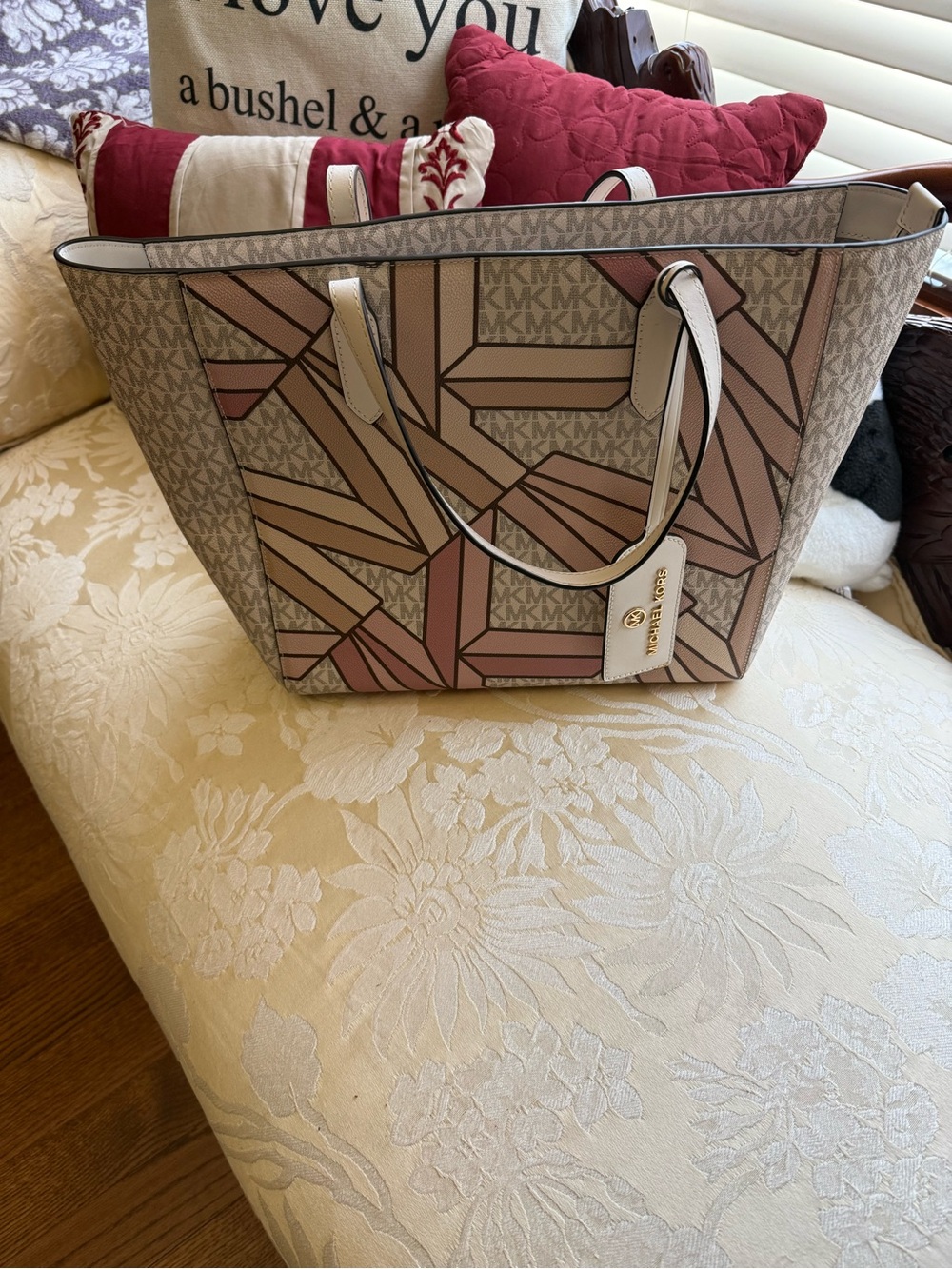 Michael Kors Beige and Pink Geometric Logo Tote